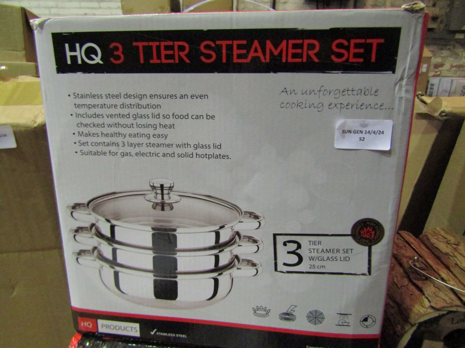 HQ 3-Tier Stainless Steel Steamer Set With Glass Lid, Size: 25cm - Unchecked & Boxed.