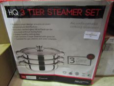 HQ 3-Tier Stainless Steel Steamer Set With Glass Lid, Size: 25cm - Unchecked & Boxed.