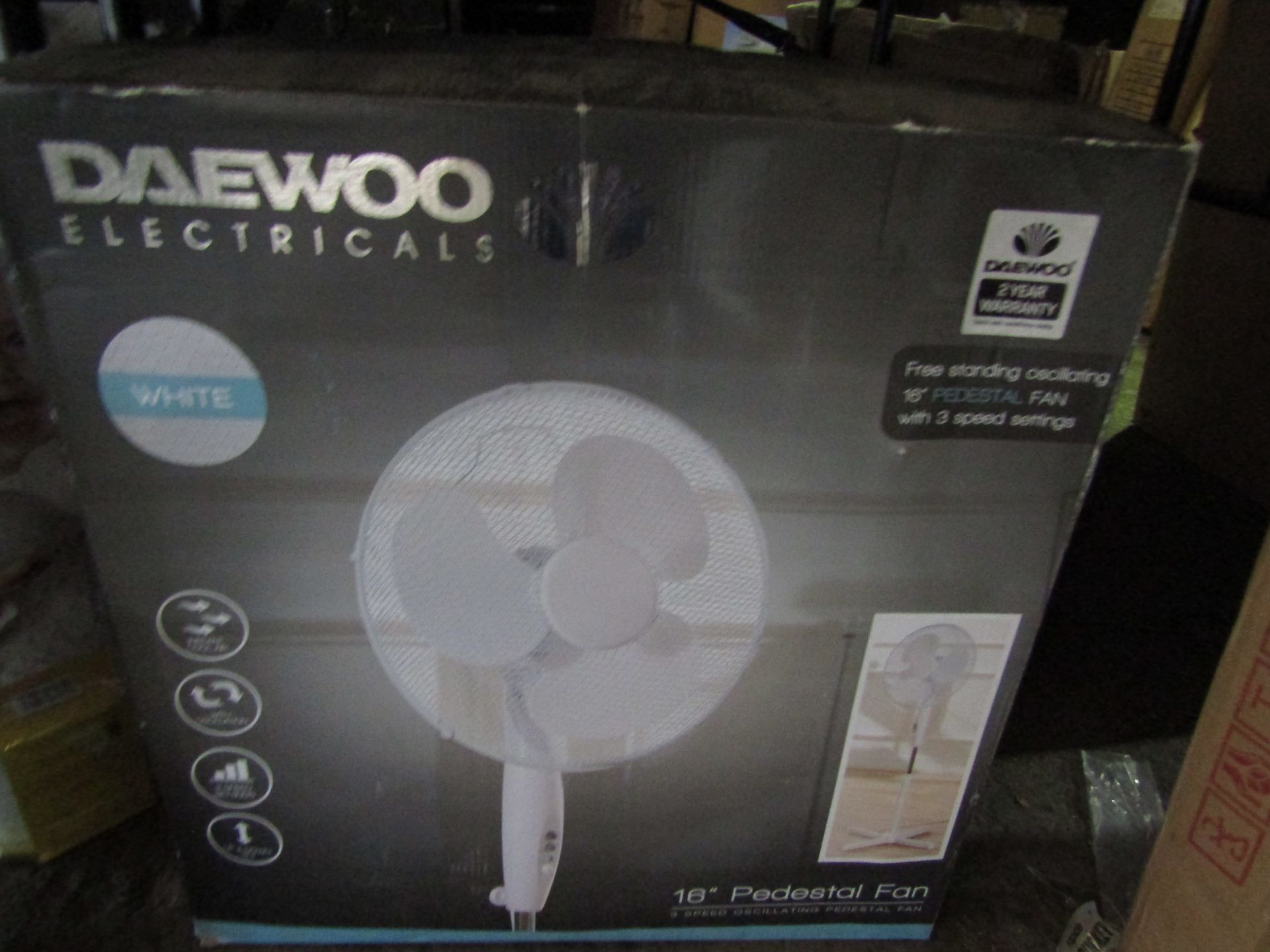 Daewoo 16" Pedestal Fan, White - Unchecked & Boxed.