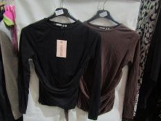 Missguided 2 Pack Ruched Ribbed Wrap Waist LS Top Black/brown, Size: 6 - Both Good Condition.
