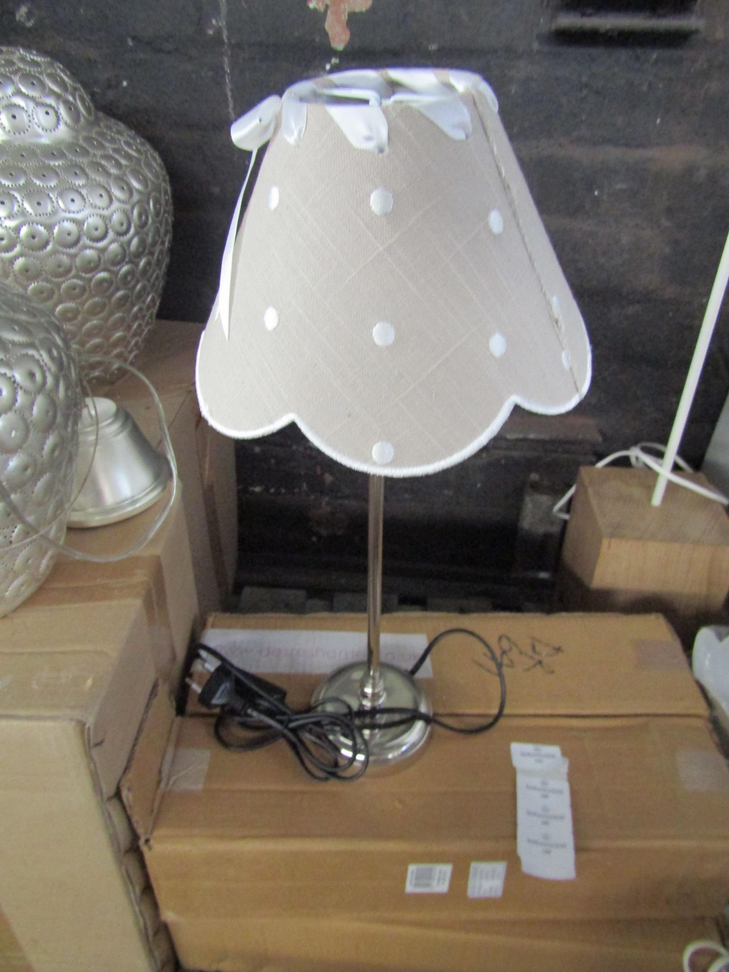 French Style White Table Lamp With Dot & Ribbon Lampshade Grey. Size: H35cm - Shade Size: H14 x