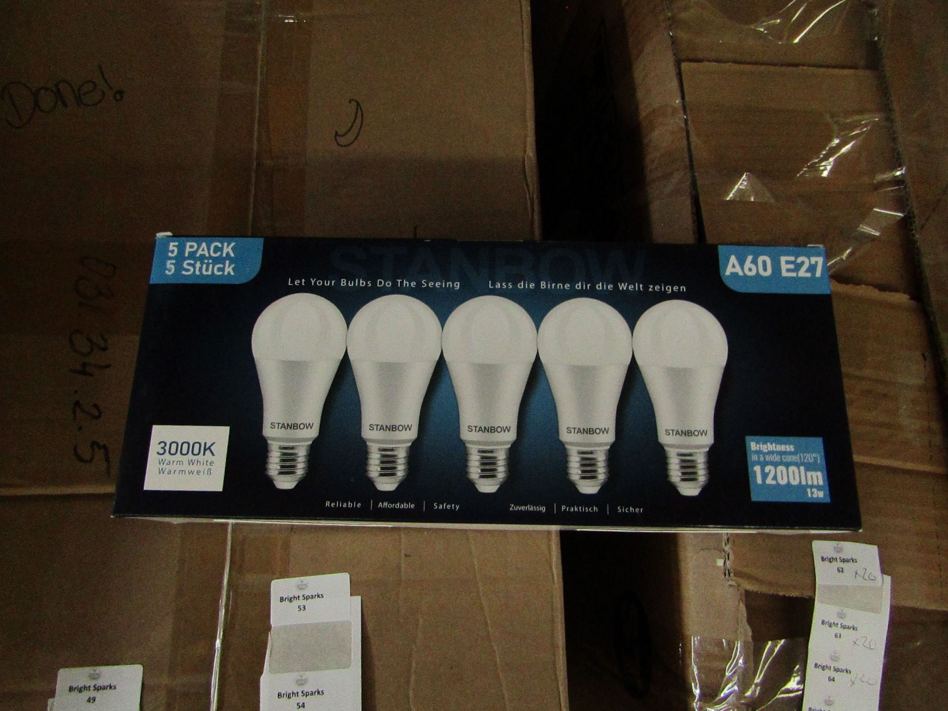 Pack of 5 Stanbow A60 E27 13w LED light bulbs, new and boxed