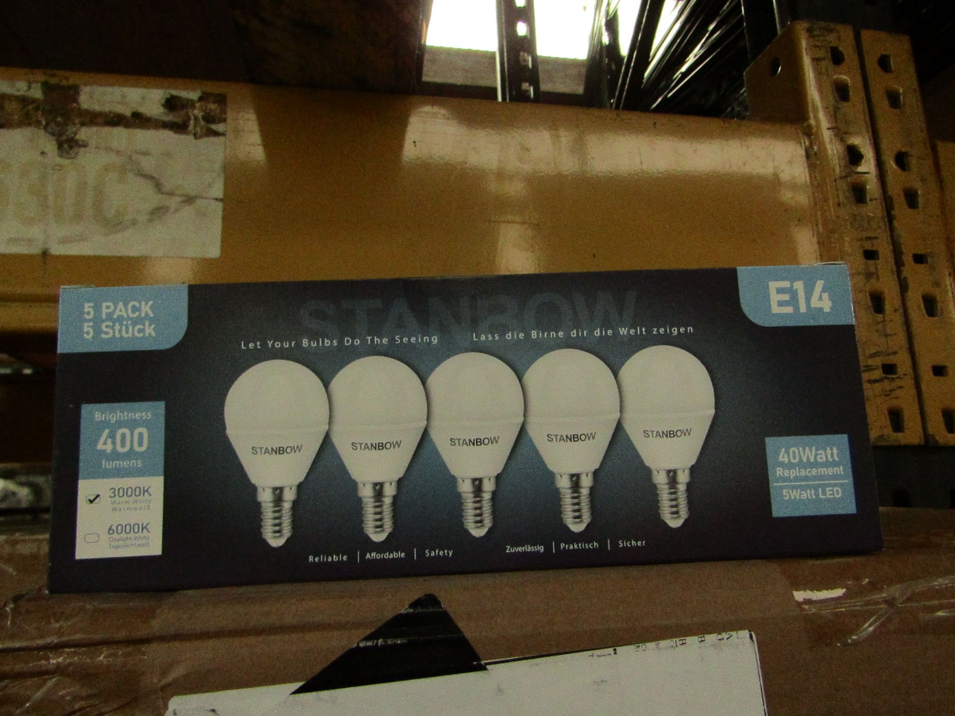 Pack of 5 Stanbow E14 5w LED light bulbs, new and boxed