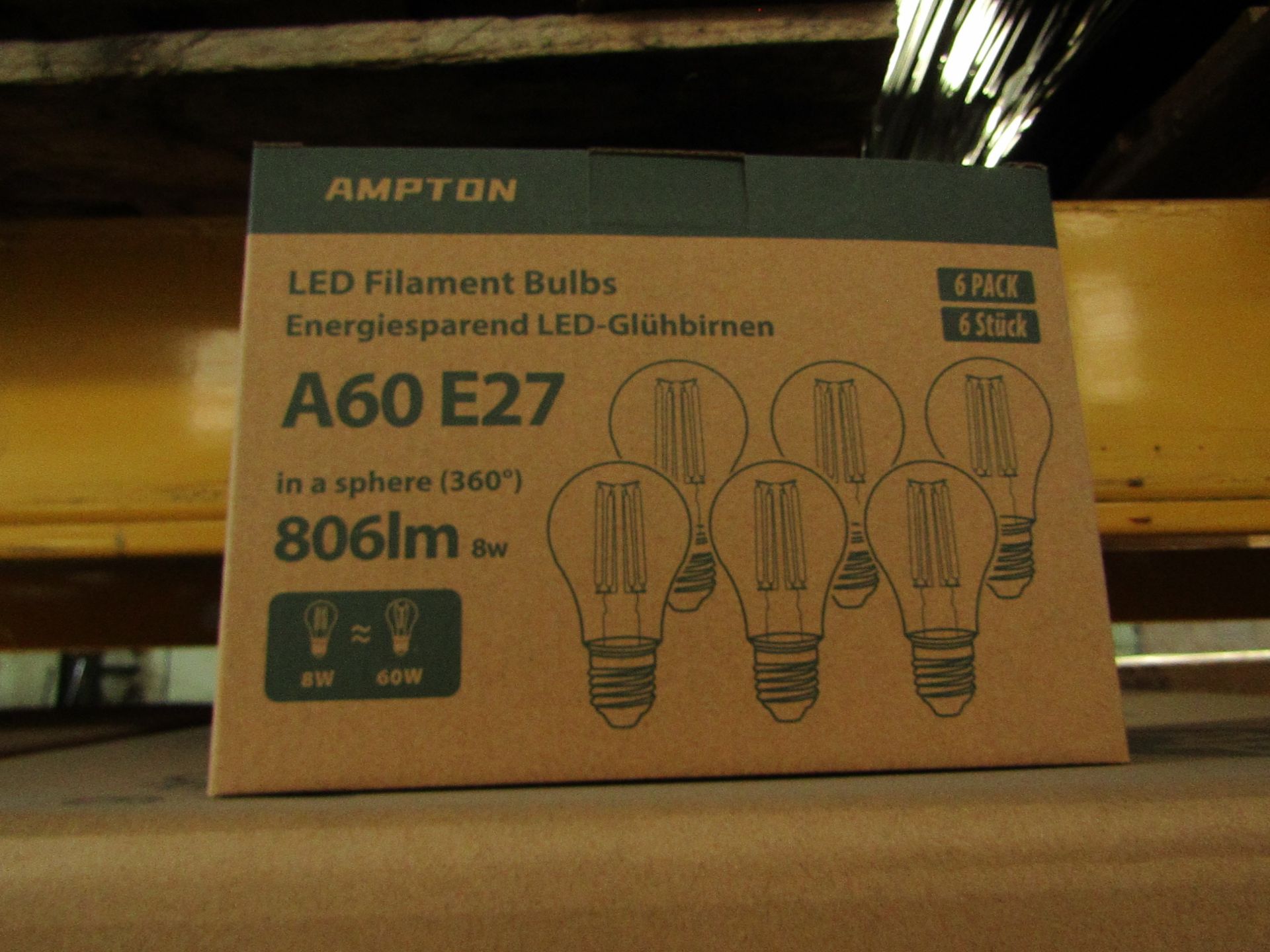 Pack of 6 Ampton A60 E27 8w LED filament light bulbs, new and boxed