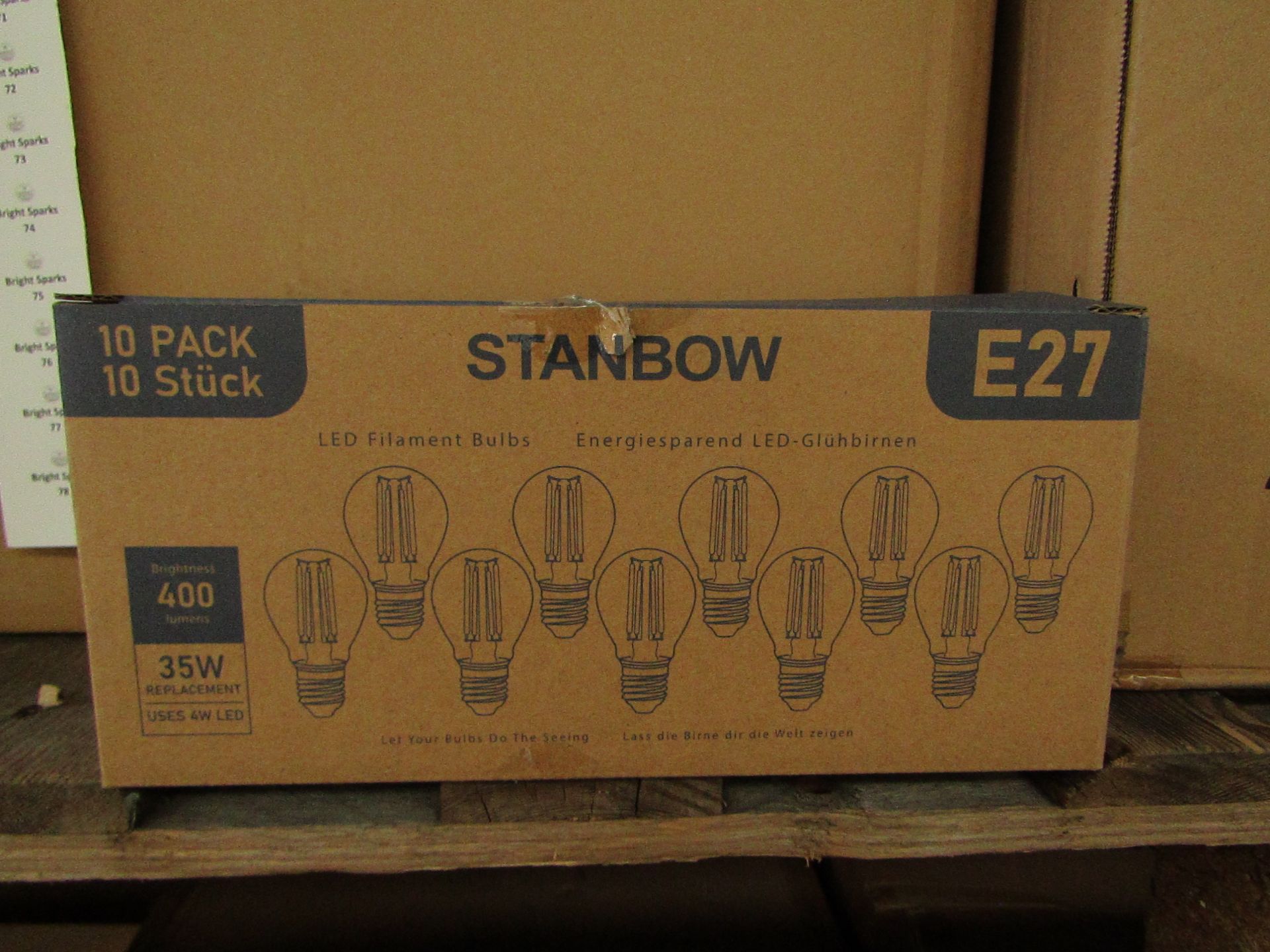 Pack of 10 Stanbow E27 4w LED filament light bulbs, new and boxed