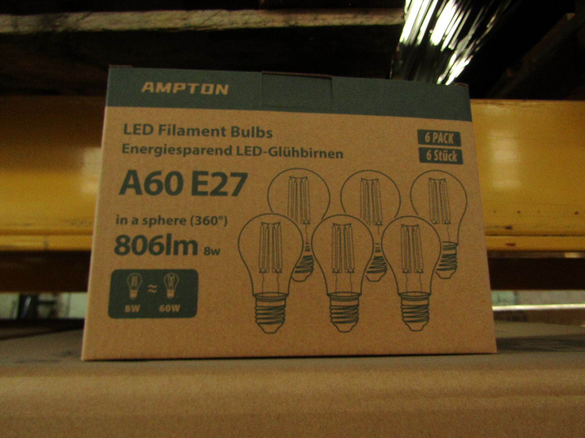 24x Packs of 6 Ampton A60 E27 8w LED filament light bulbs, new and boxed