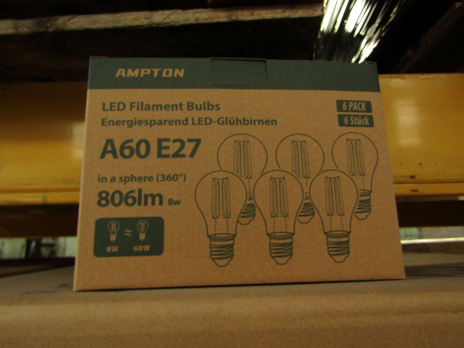 Pack of 6 Ampton A60 E27 8w LED filament light bulbs, new and boxed