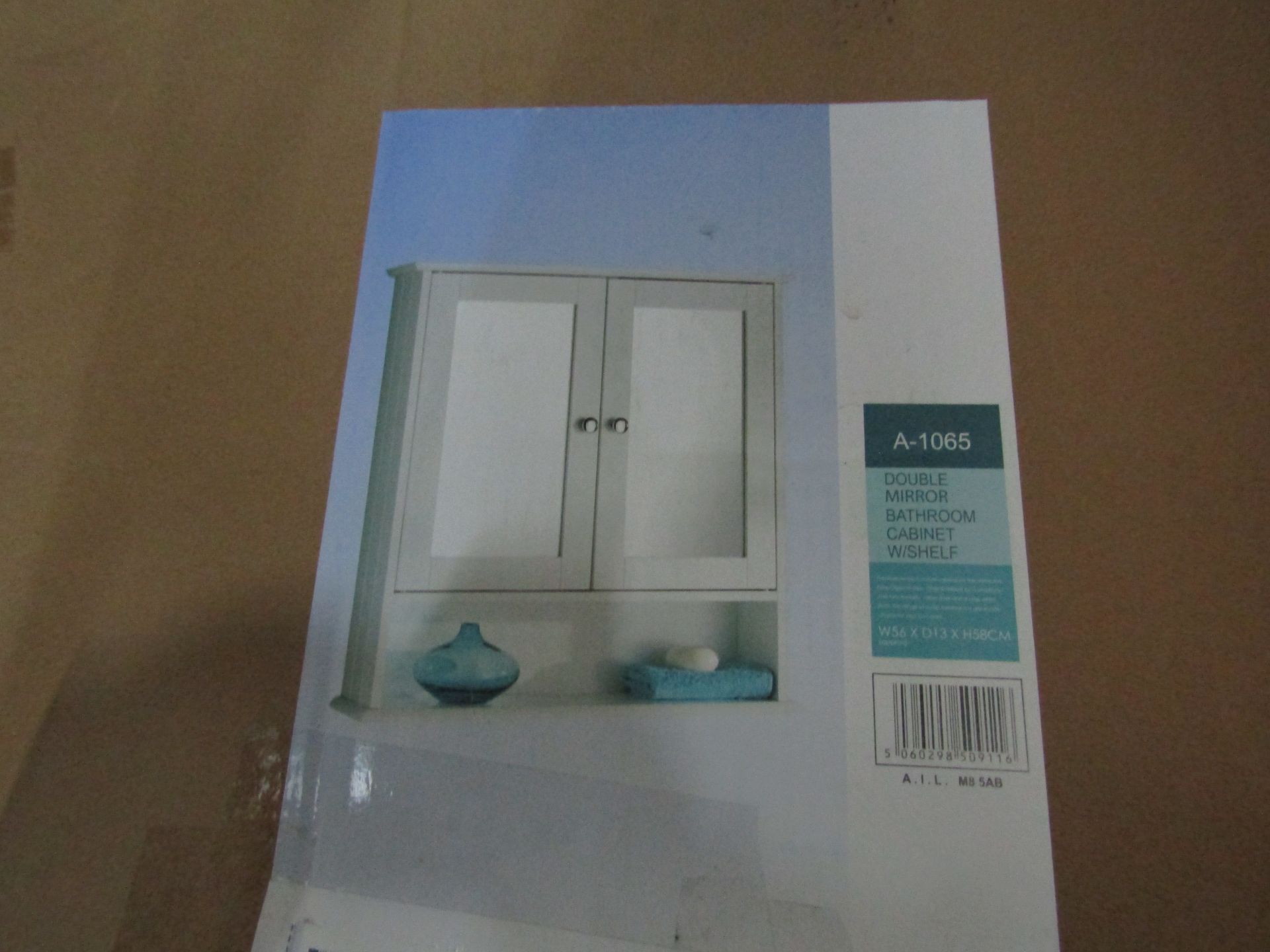 Asab - White Double Mirror Bathroom Cabinet With Shelf - Size W56xD13xH58cm - Unchecked & Boxed.