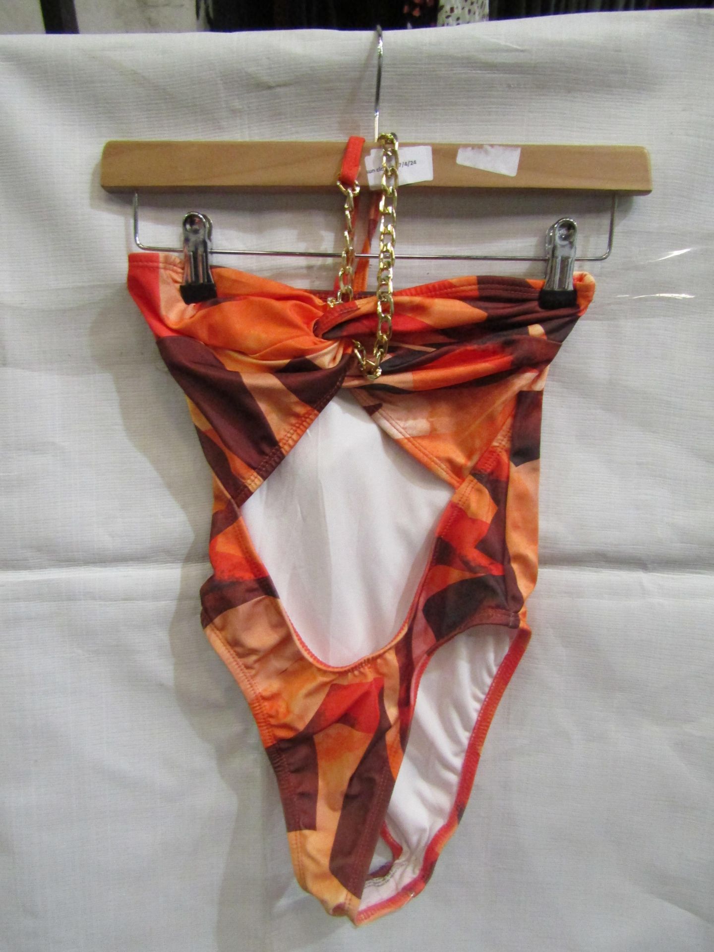 2x Pretty Little Thing Orange Abstract Print Bandeau Chain Cut Out Swimsuit - Size 6, New With Tag.