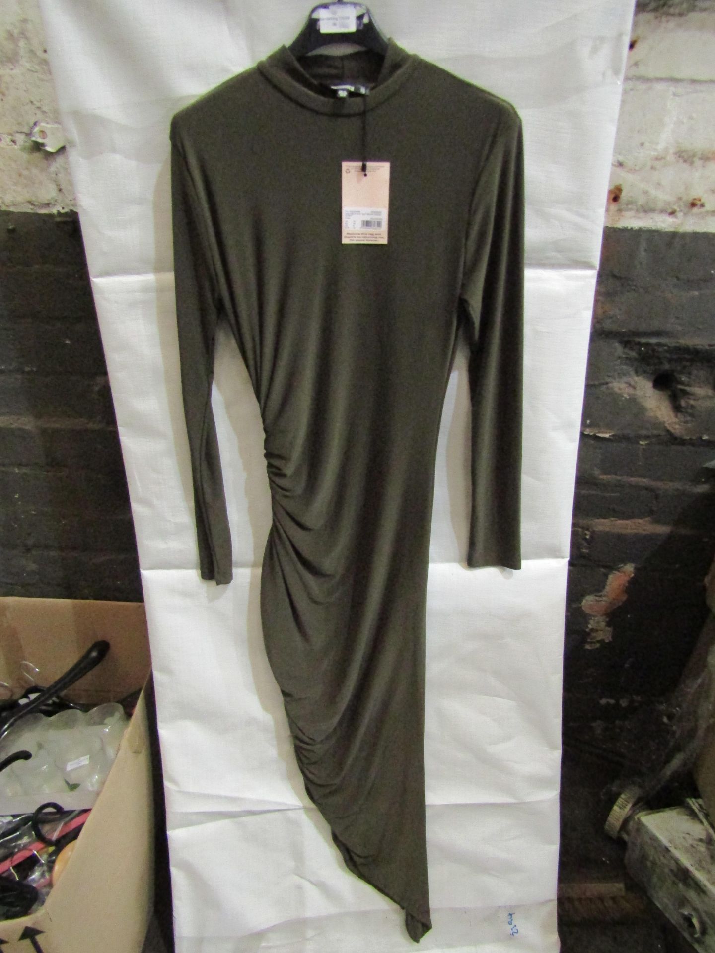 2x Missguided High Neck Cut Out Midaxi Dress Slinky Khaki, Size: 8 - New & Packaged.