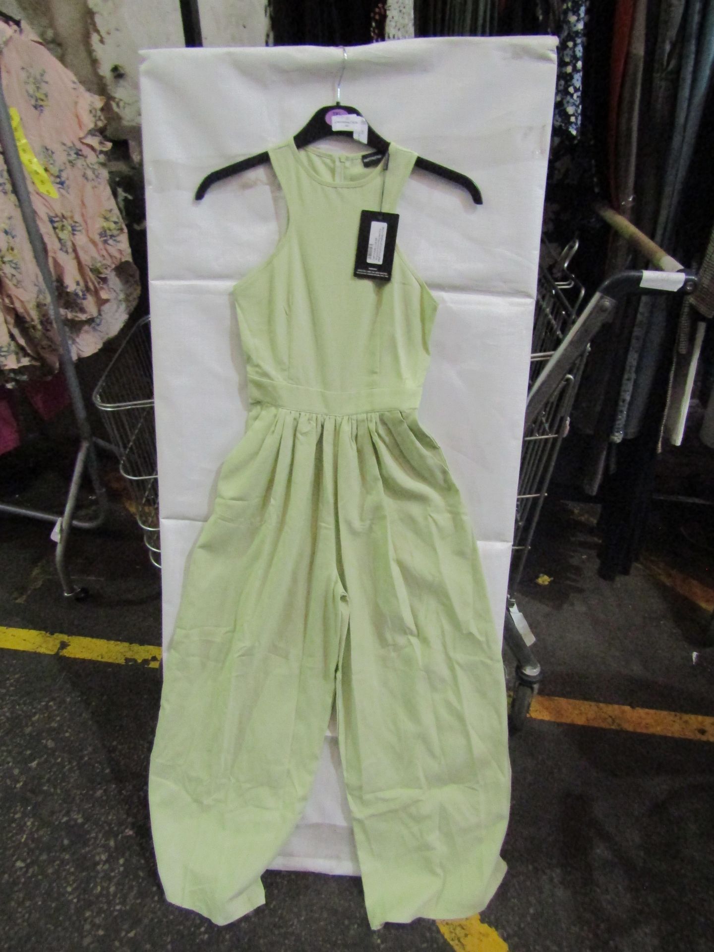 2x Pretty Little Thing Petite Sage Green Racer Neck Linen Look Wide Leg Jumpsuit- Size 4, New &