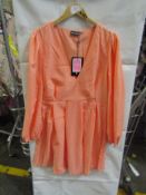 PrettyLittleThing Peach Linen Mix Pleated Detail Skater Dress, Size: 16 - Good Condition With Tag.