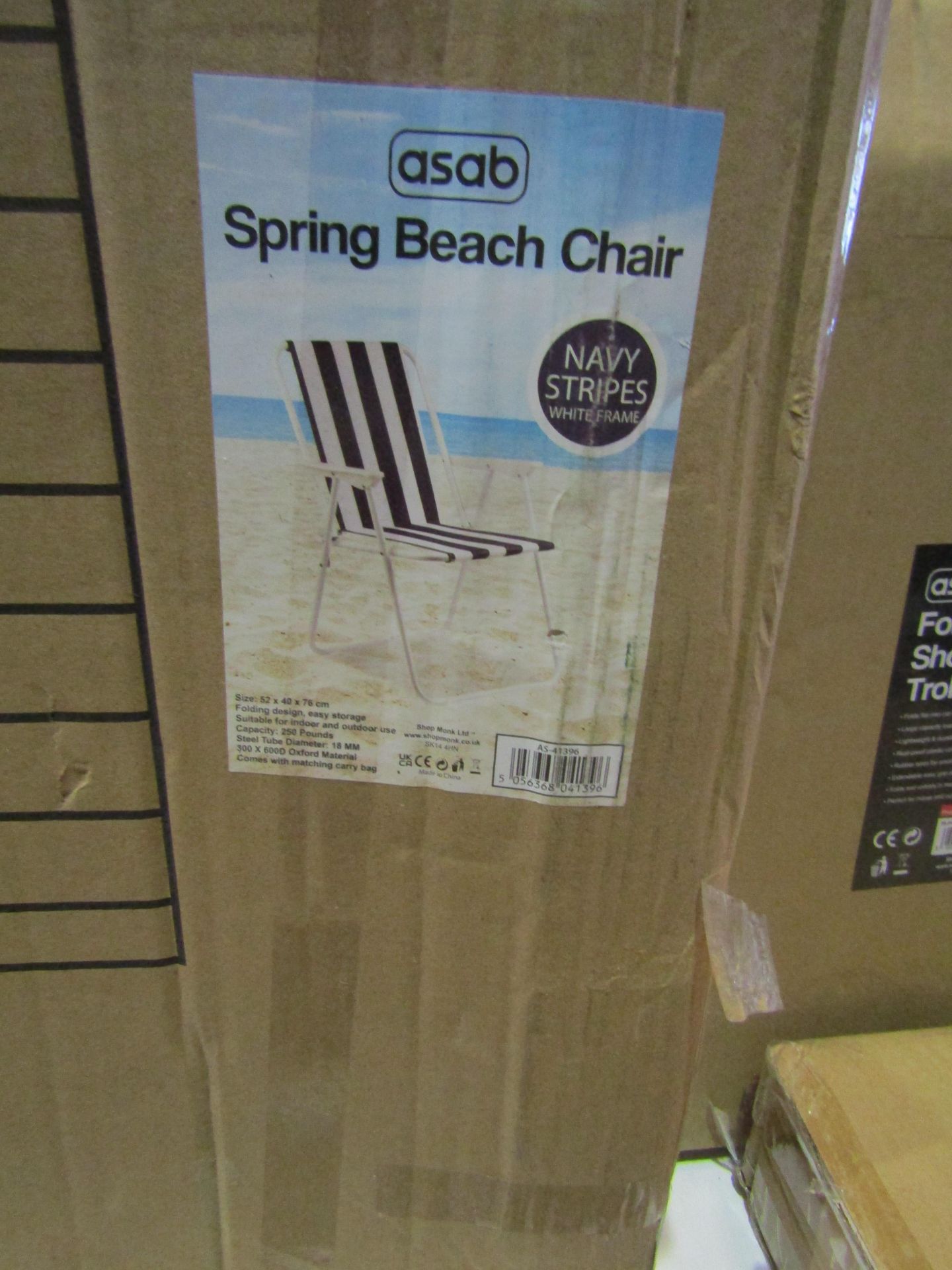 2x Asab Spring Beach Chair, Navy Stripes With White Frame - Unchecked & Boxed.