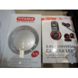 1x Universal 3-in1 Camera Lens, 1x Titania Pocket Mirror, Unchecked & Boxed.