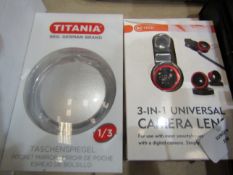 1x Universal 3-in1 Camera Lens, 1x Titania Pocket Mirror, Unchecked & Boxed.