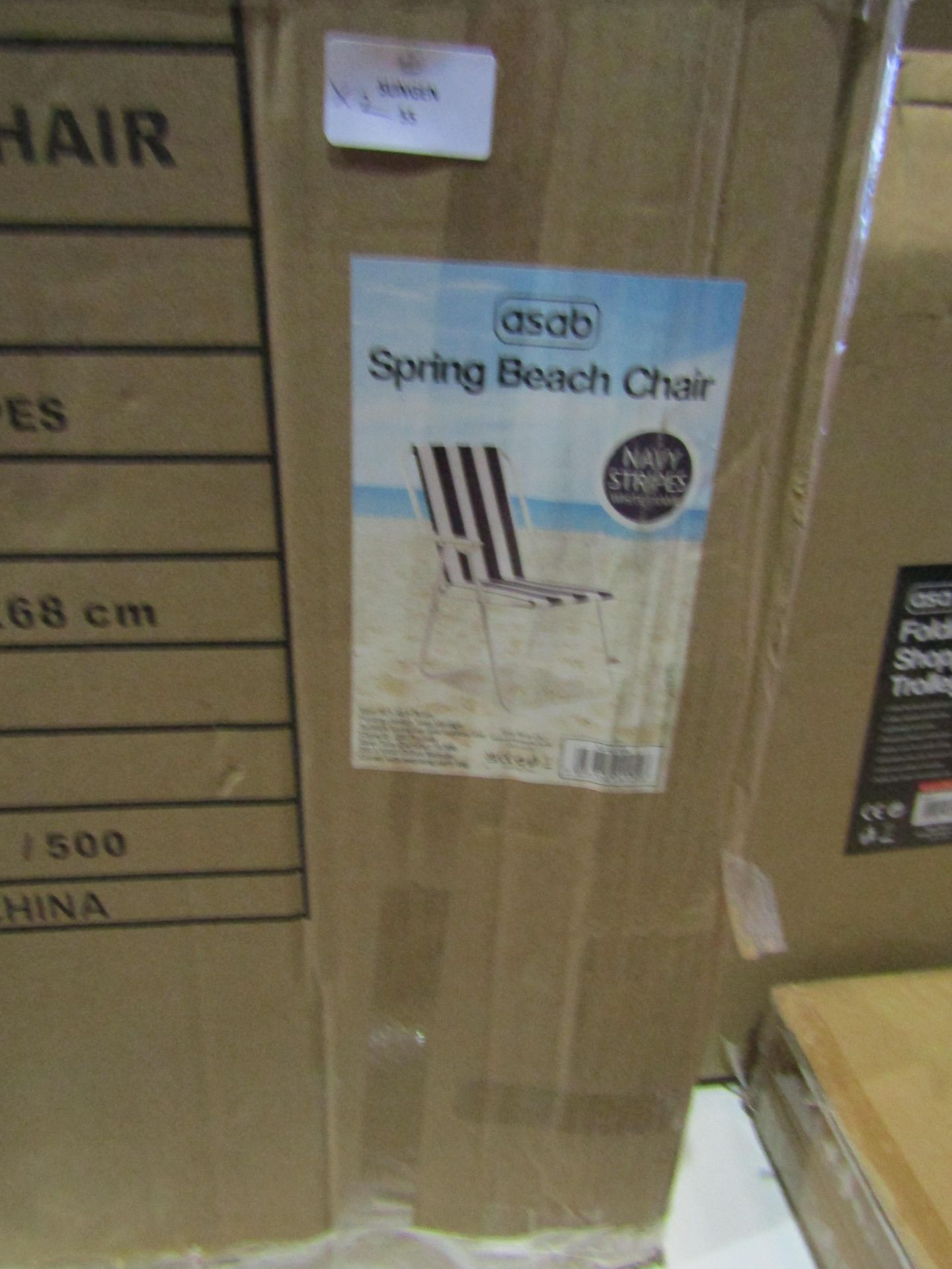 2x Asab Spring Beach Chair, Navy Stripes With White Frame - Unchecked & Boxed.
