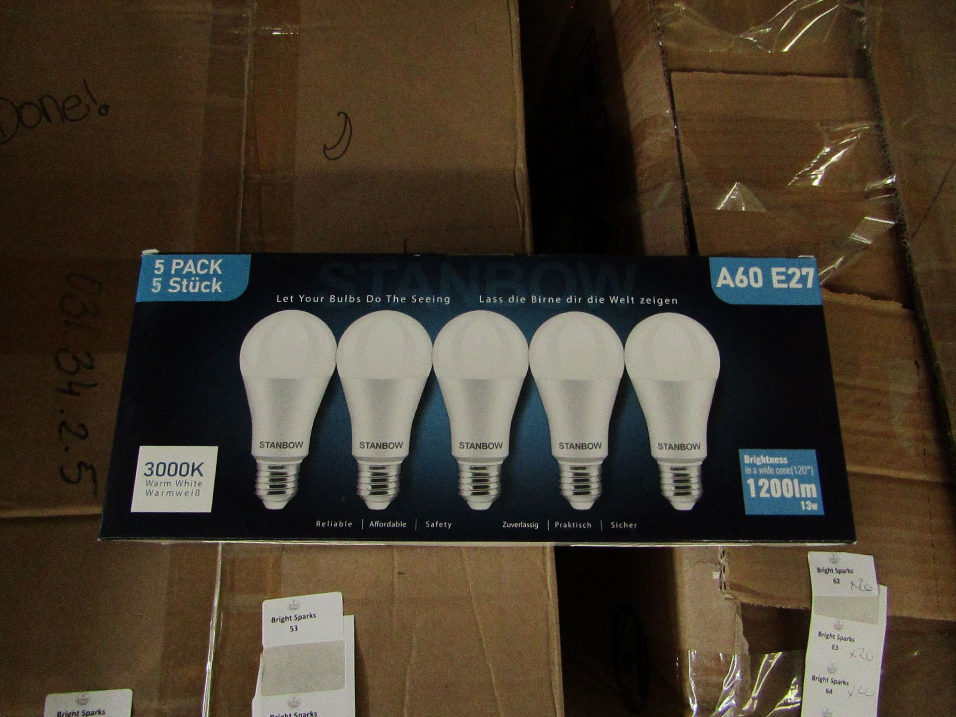 20x Packs of 5 Stanbow A60 E27 13w LED light bulbs, new and boxed