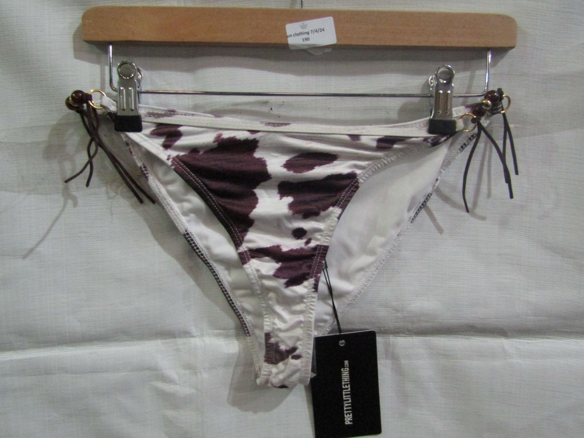 2x Pretty Little Thing Brown Cow Print Beaded Tie Bikini Bottoms - Size 14, New & Packaged.