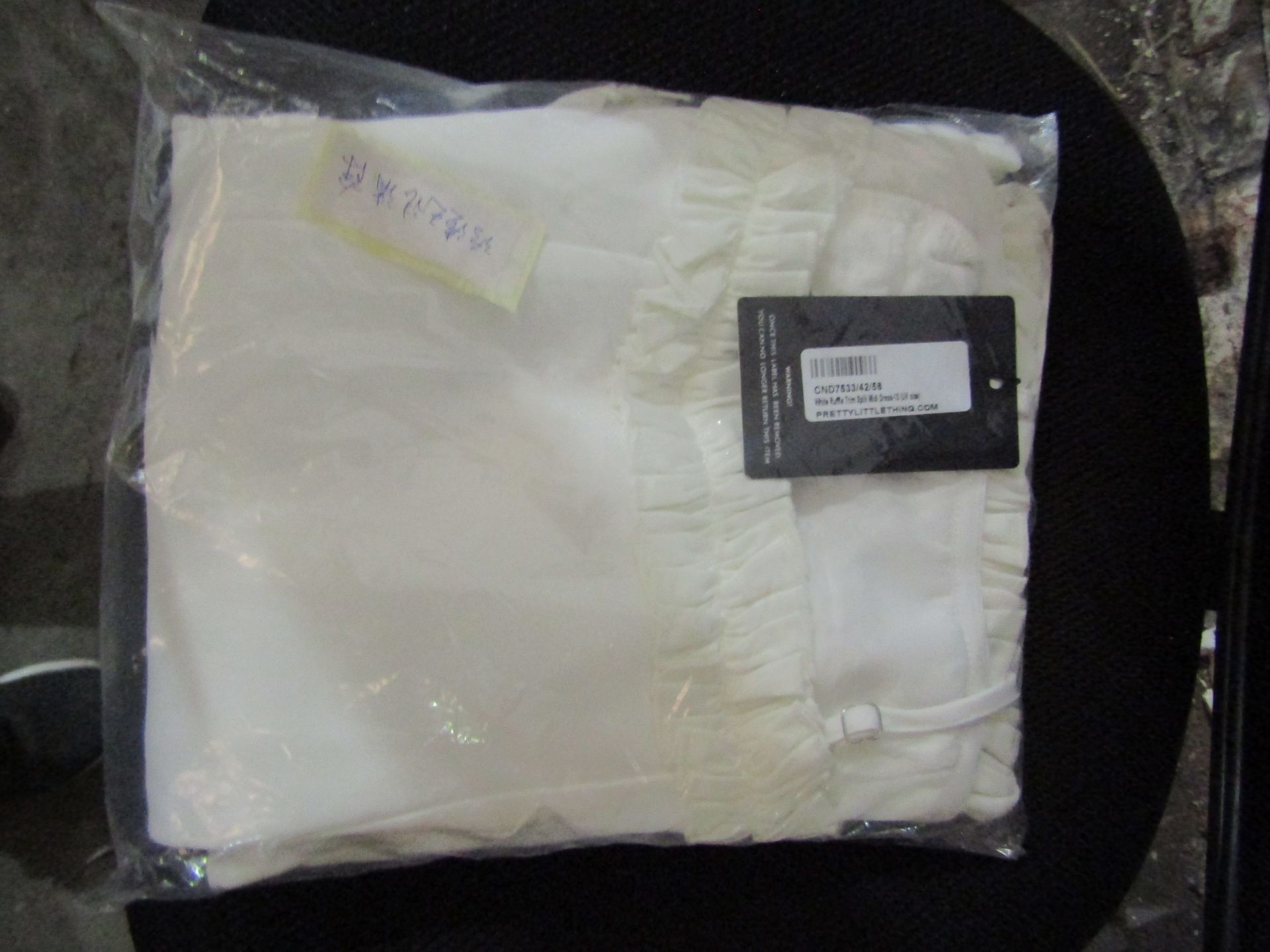 PrettyLittleThing White Ruffle Trim Split Midi Dress, Size: 12 - New & Packaged.