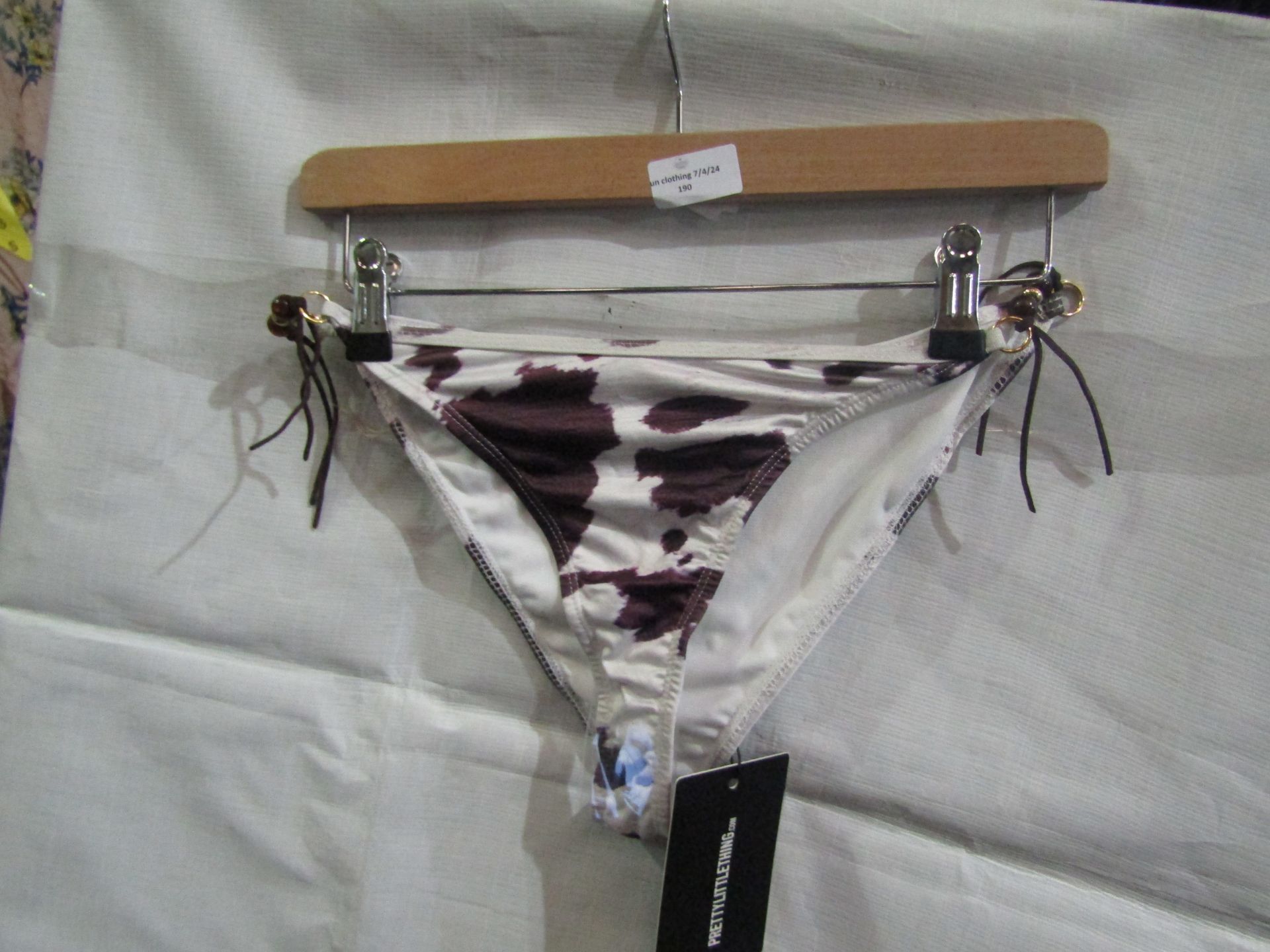 5x Pretty Little Thing Brown Cow Print Beaded Tie Bikini Bottoms - Size 8, New & Packaged.