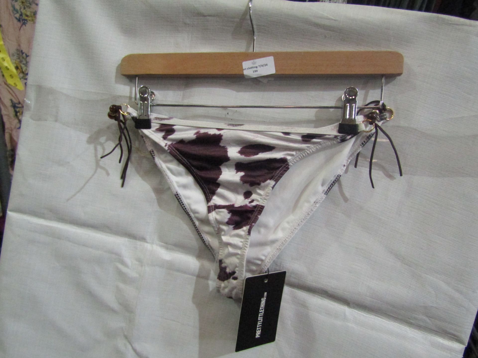 2x Pretty Little Thing Brown Cow Print Beaded Tie Bikini Bottoms - Size 6, New & Packaged.