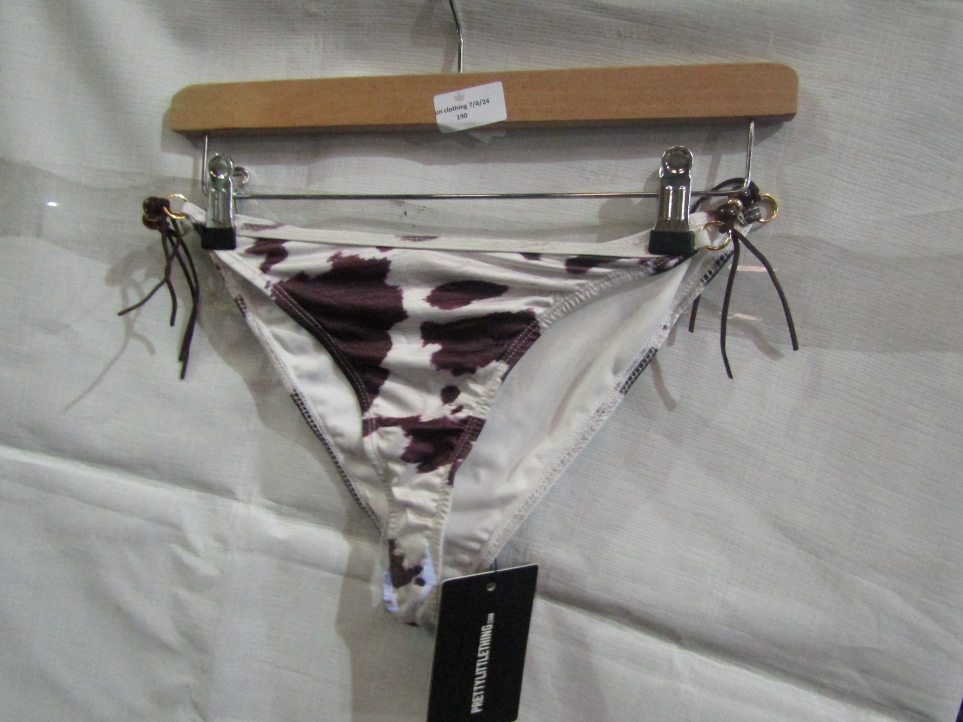 2x Pretty Little Thing Brown Cow Print Beaded Tie Bikini Bottoms - Size 8, New & Packaged.