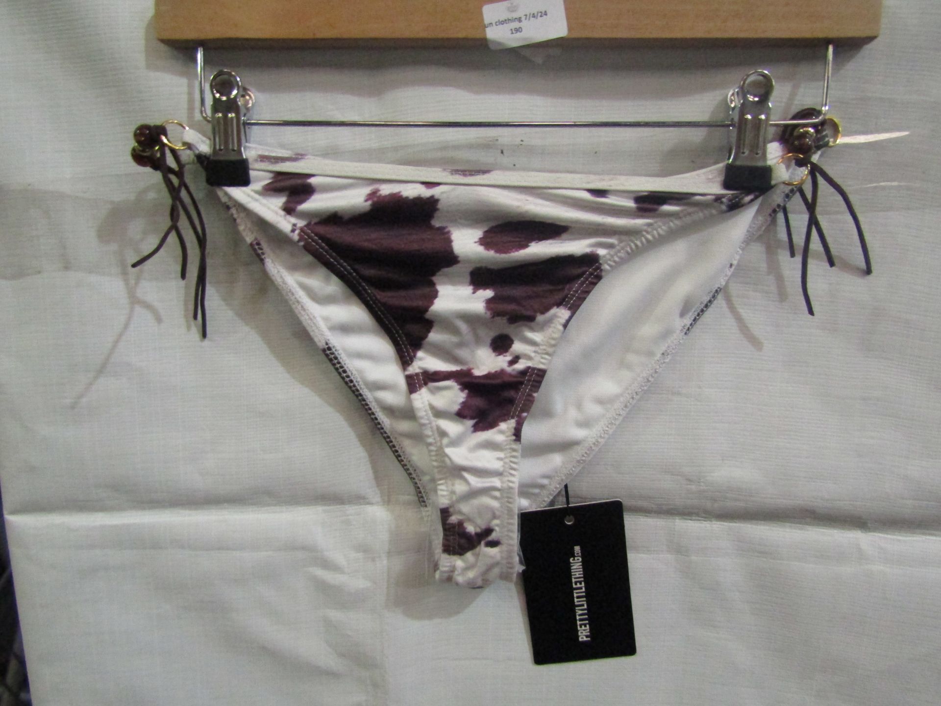 2x Pretty Little Thing Brown Cow Print Beaded Tie Bikini Bottoms - Size 12, New & Packaged.