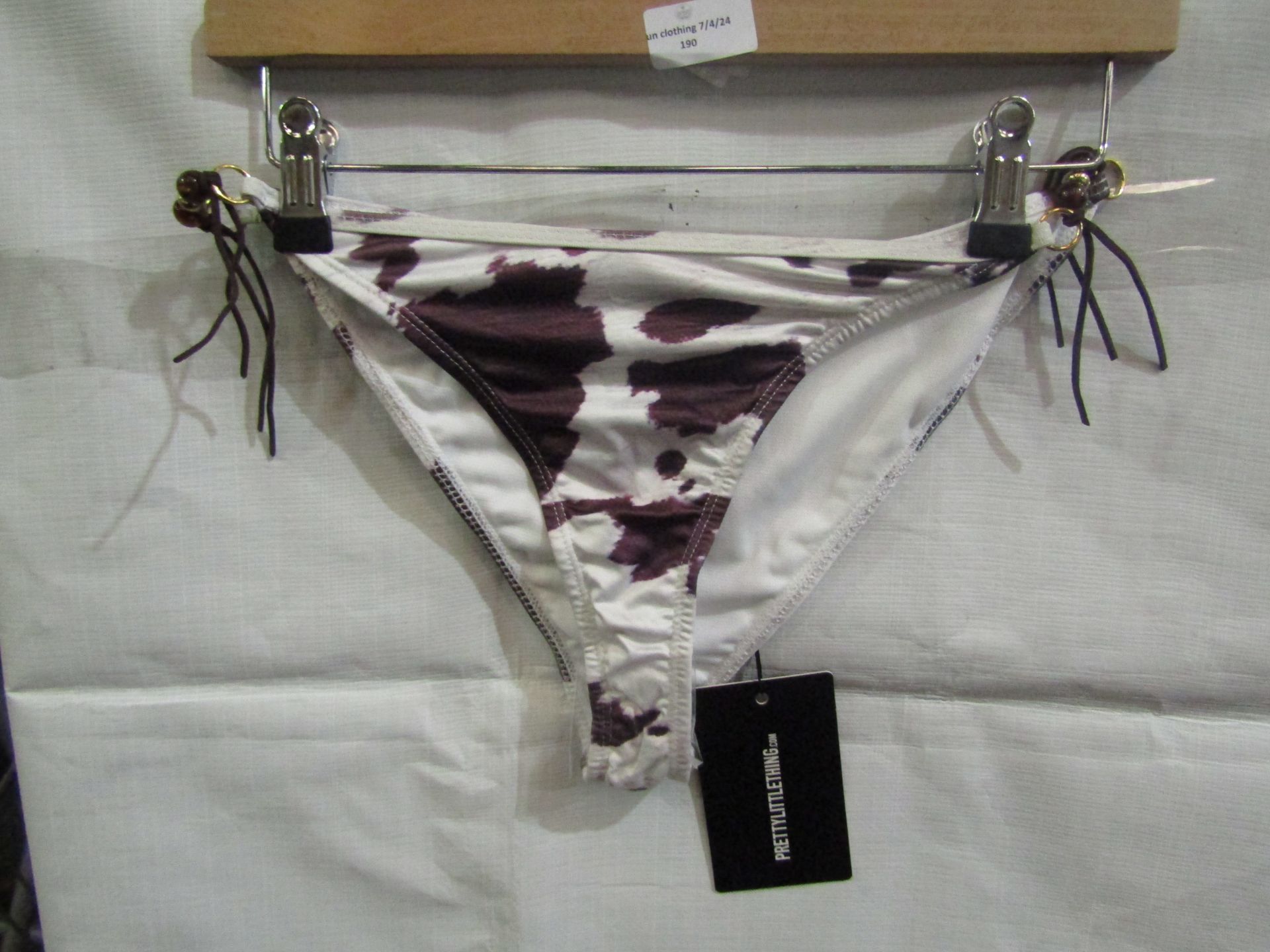 2x Pretty Little Thing Brown Cow Print Beaded Tie Bikini Bottoms - Size 12, New & Packaged.