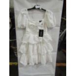 4x Pretty Little Thing White Crinkle Cup Detail Tiered Skirt Skater Dress- Size 8, New & Packaged.