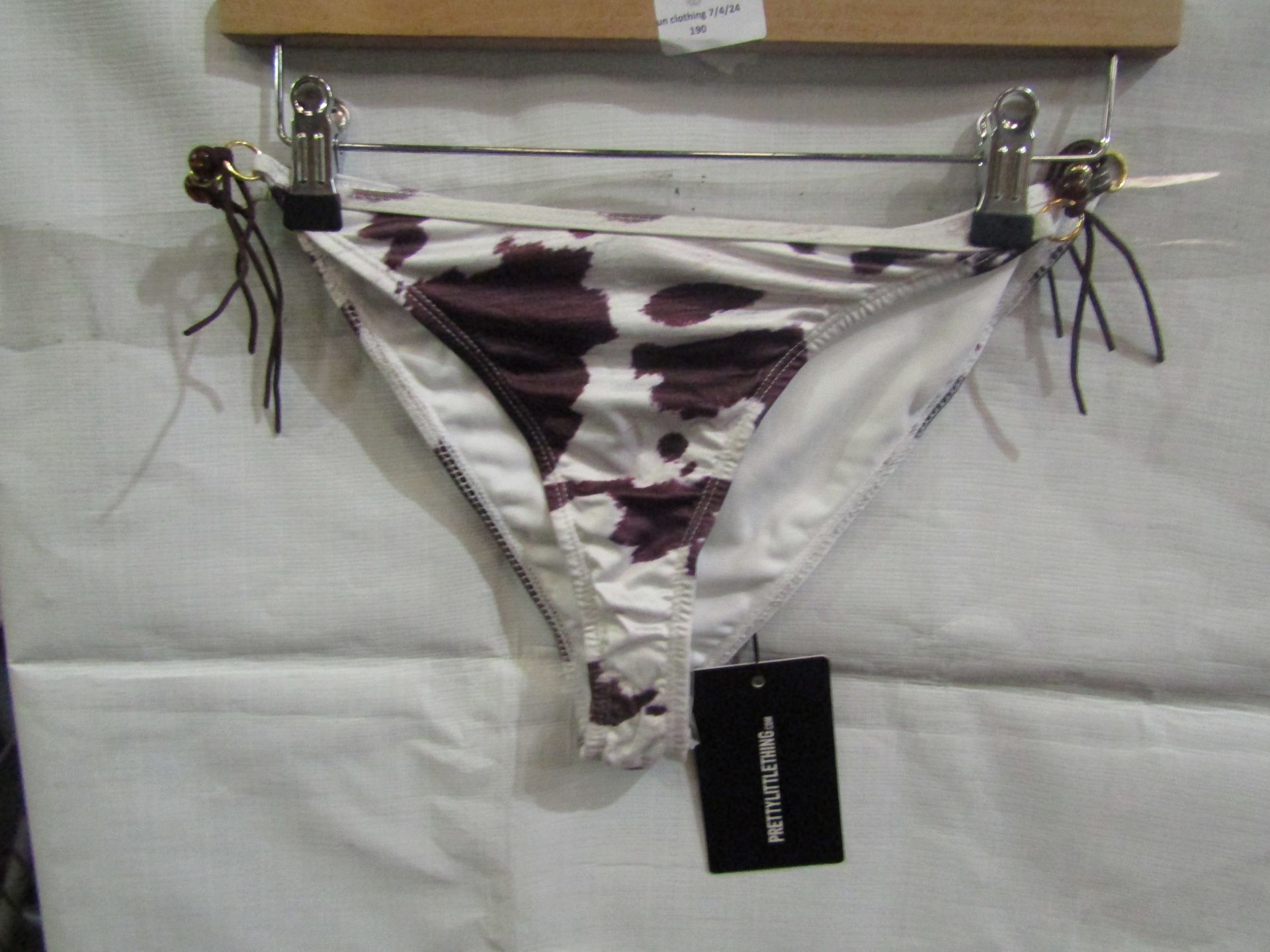 2x Pretty Little Thing Brown Cow Print Beaded Tie Bikini Bottoms - Size 4, New & Packaged.