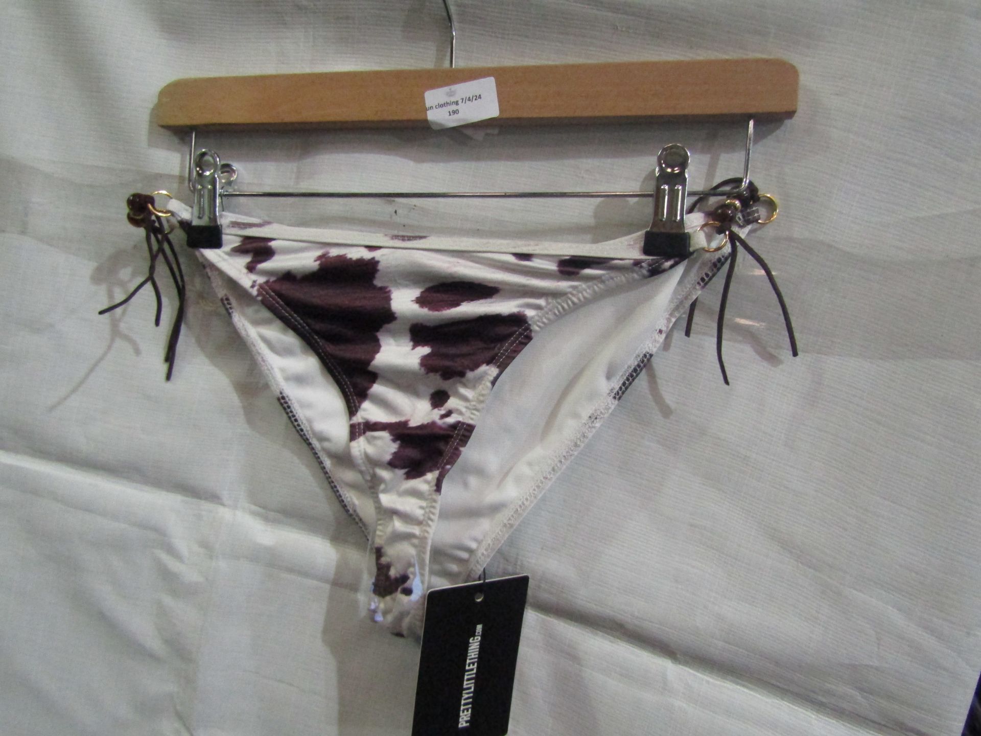 2x Pretty Little Thing Brown Cow Print Beaded Tie Bikini Bottoms - Size 8, New & Packaged.