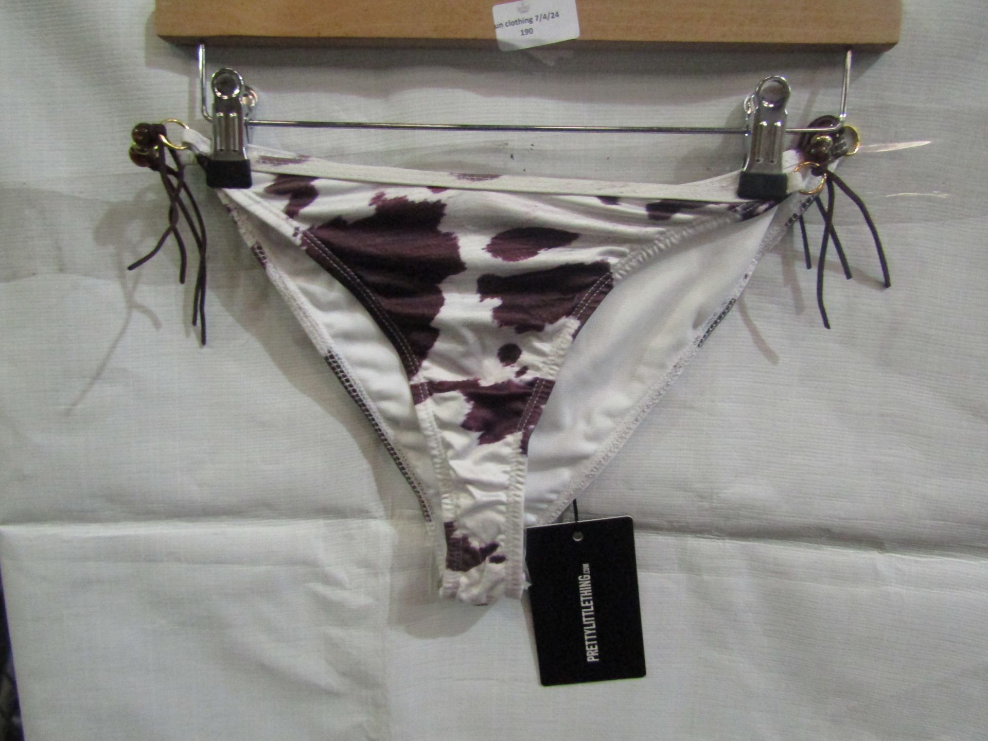 2x Pretty Little Thing Brown Cow Print Beaded Tie Bikini Bottoms - Size 4, New & Packaged.