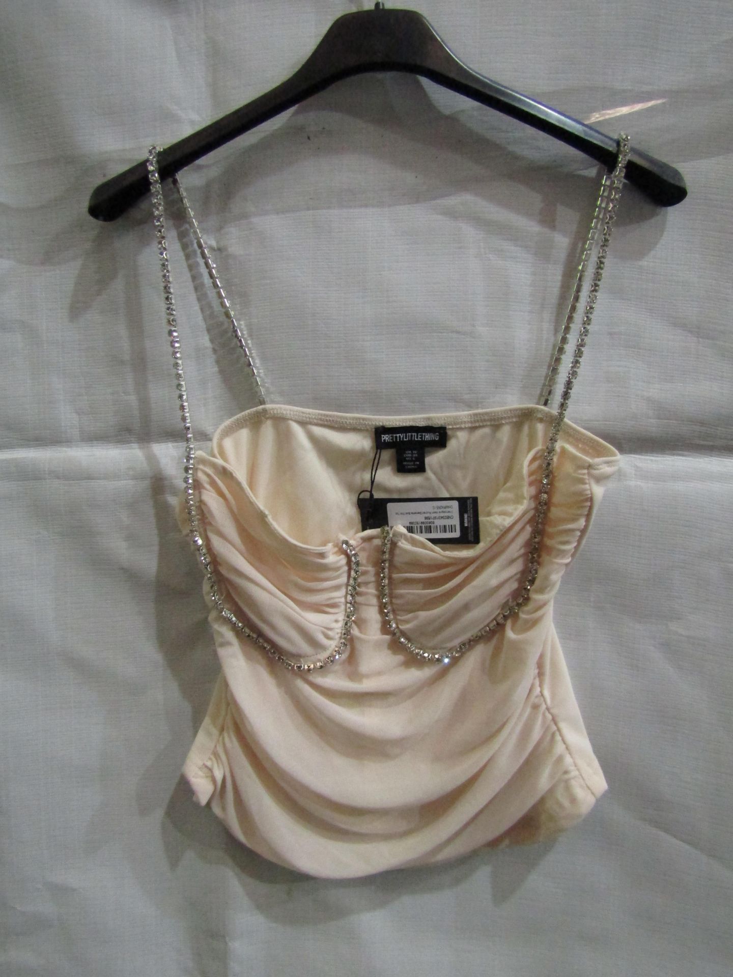 2x PrettyLittleThing Champagne Mesh Ruched Diamante Bust Trim Top, Size: 8 - New & Packaged.