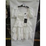 5x Pretty Little Thing White Crinkle Cup Detail Tiered Skirt Skater Dress- Size 8, New & Packaged.