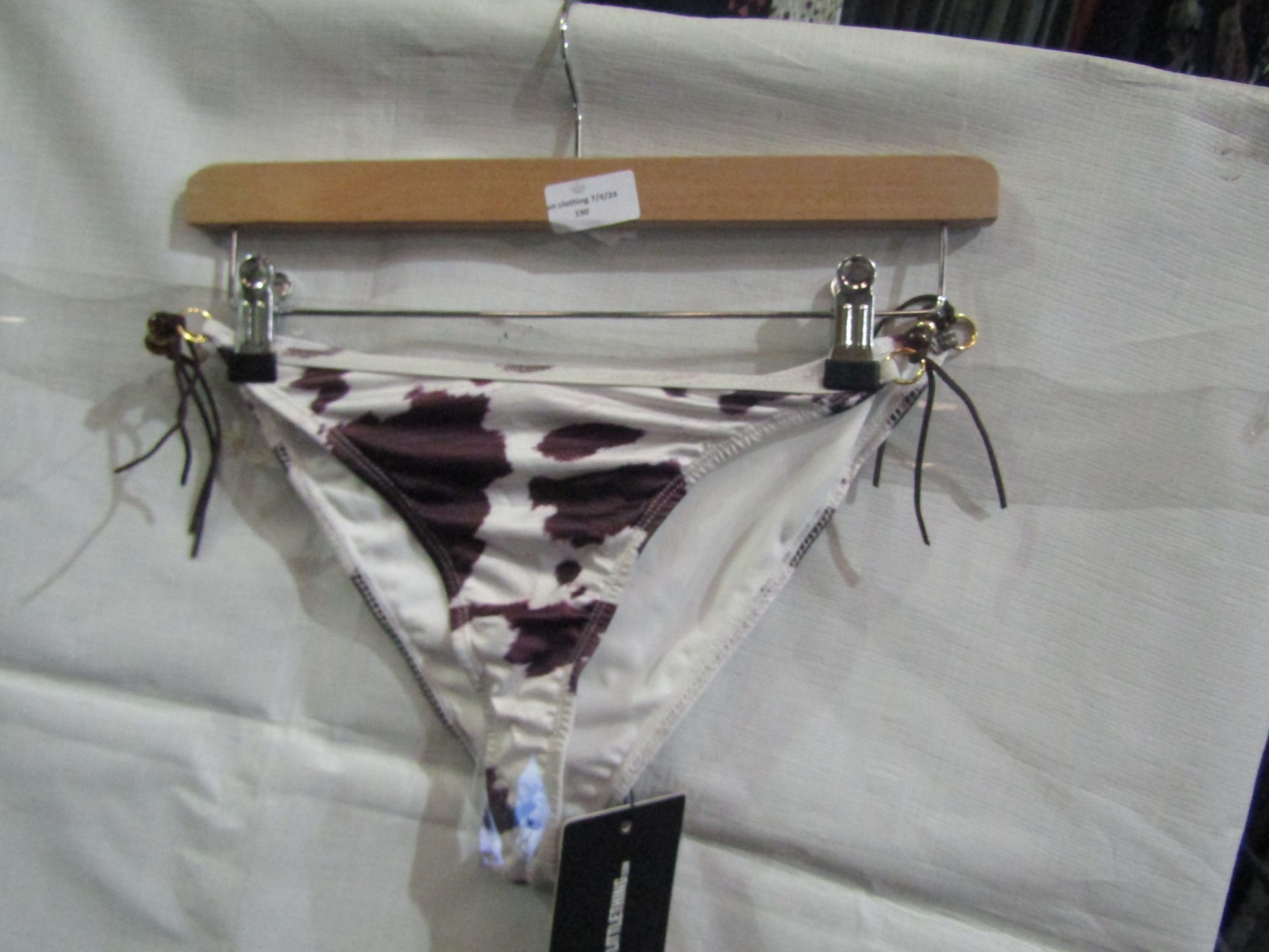 2x Pretty Little Thing Brown Cow Print Beaded Tie Bikini Bottoms - Size 16, New & Packaged.