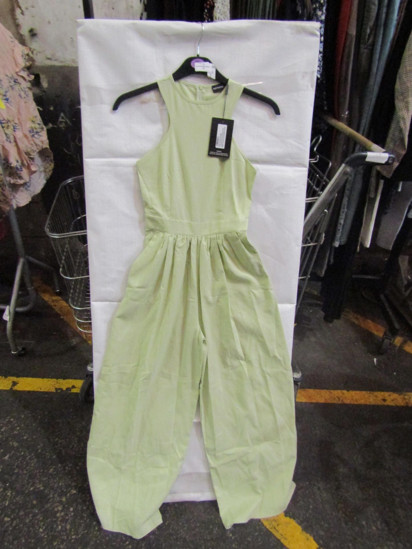 4x Pretty Little Thing Petite Sage Green Racer Neck Linen Look Wide Leg Jumpsuit- Size 8, New &