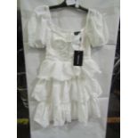 4x Pretty Little Thing White Crinkle Cup Detail Tiered Skirt Skater Dress- Size 8, New & Packaged.