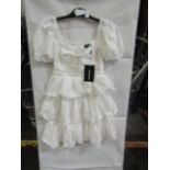 4x Pretty Little Thing White Crinkle Cup Detail Tiered Skirt Skater Dress- Size 8, New & Packaged.