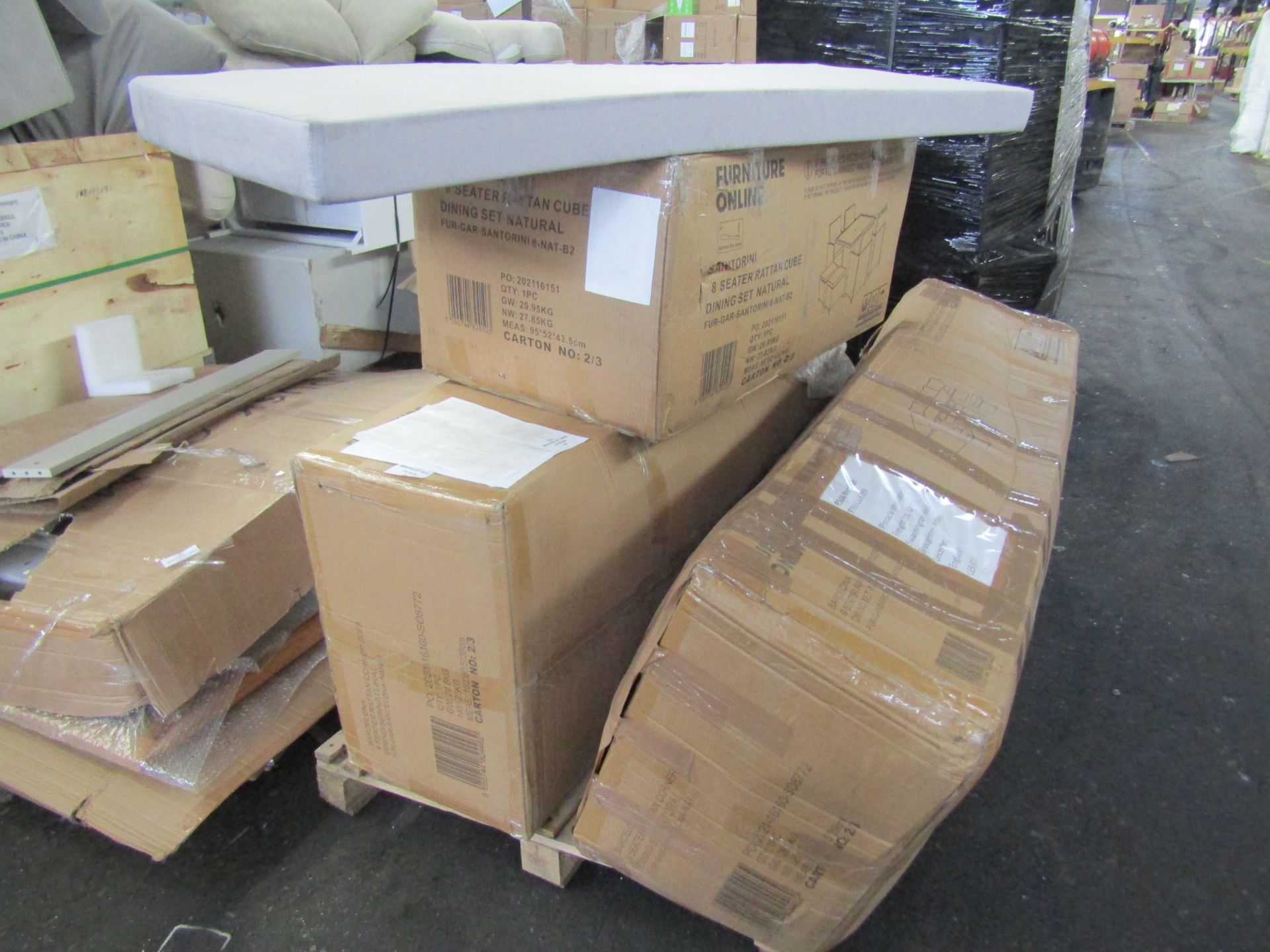 Pallet of unmanifested garden rattan parts. Unchecked by us