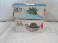1x Kikkerland - Suki Seal Pup Ceramic Planter - Boxed. 1x Kikkerland - Pepper Pigeon Ceramic Planter