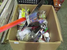 Box Containing Approx 50 Items Books Drinks Bottles Lights Sink Plugs Hair Accessories & More