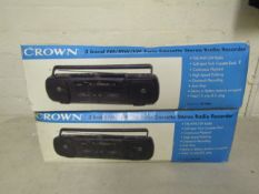 2x Crown 3 Band FM/MW/LW Twin Cassette Stereo Radio Recorder, Unchecked & Boxed.