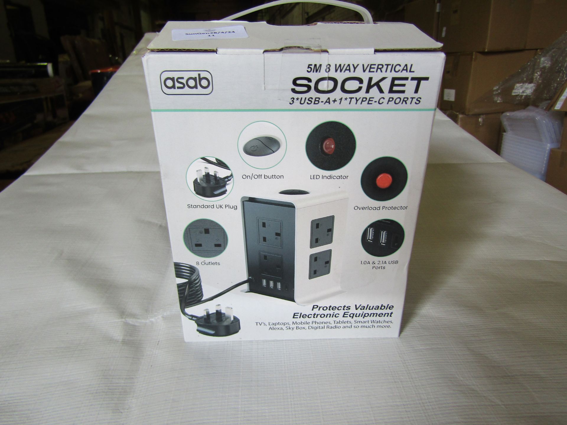 Asab 5M 8 Way Vertical Socket With 3 USB Ports - Unchecked & Boxed.
