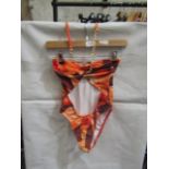 PrettyLittleThing Orange Abstract Print Bandeau Chain Cut Out Swimsuit, Size: 6 - Good Condition