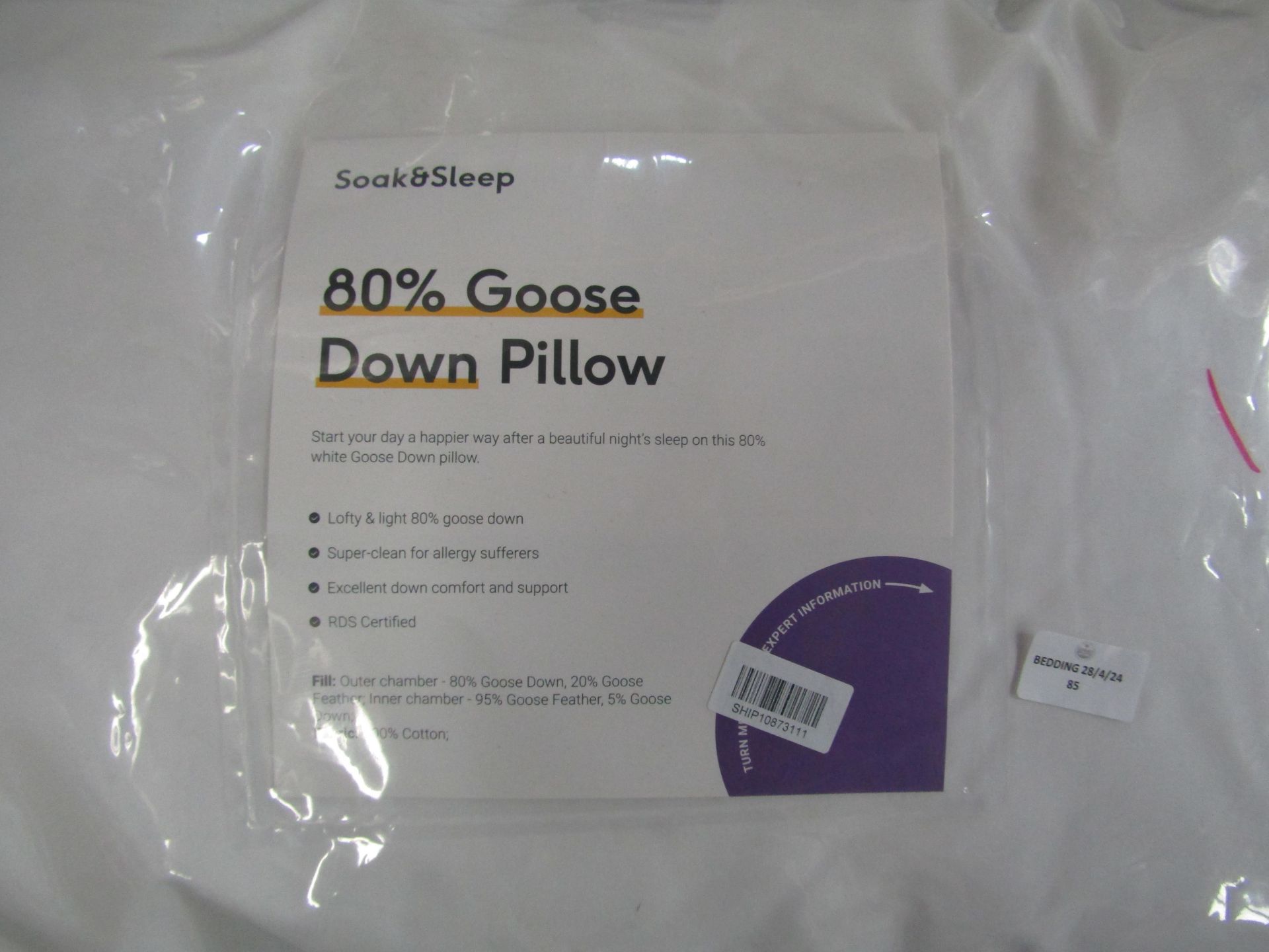 Soak & Sleep Soak & Sleep 80% Goose Down Standard Pillow - Medium RRP 55