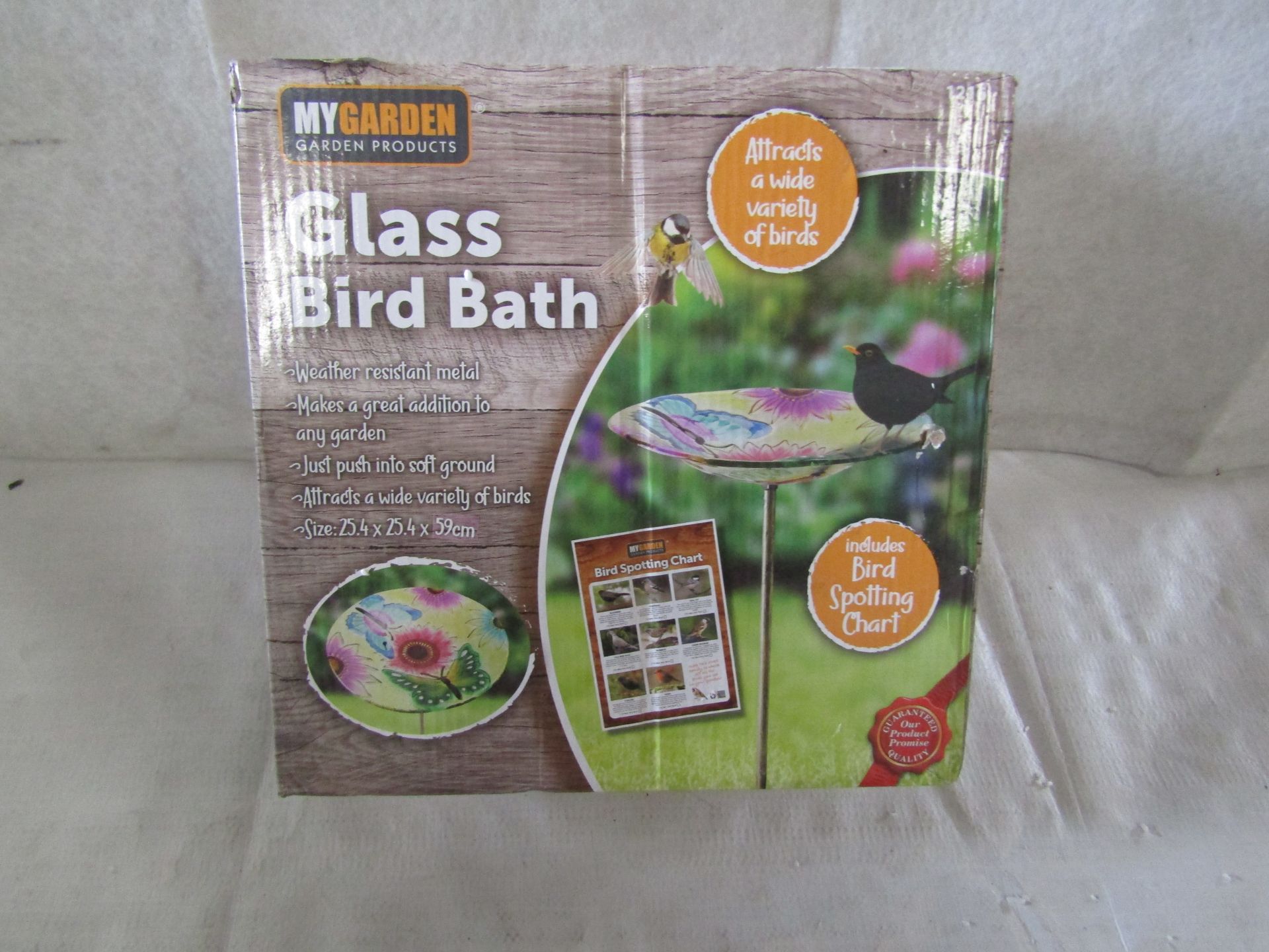 MyGarden - Glass Bird Bath 26x26x60cm Approx - Boxed.