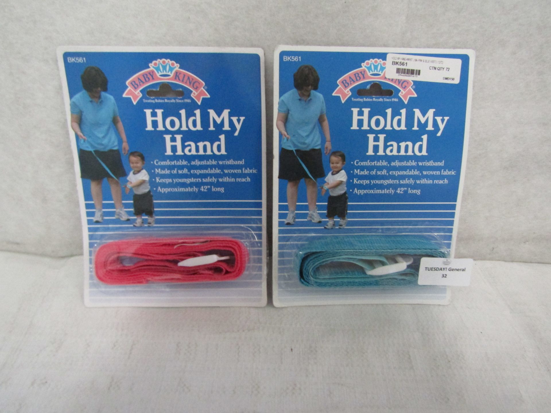 2X Baby King - Hold My Hand Baby Wrist-Link 42" Long Approx ( 1X BLUE 1X PINK ) - Packaged.