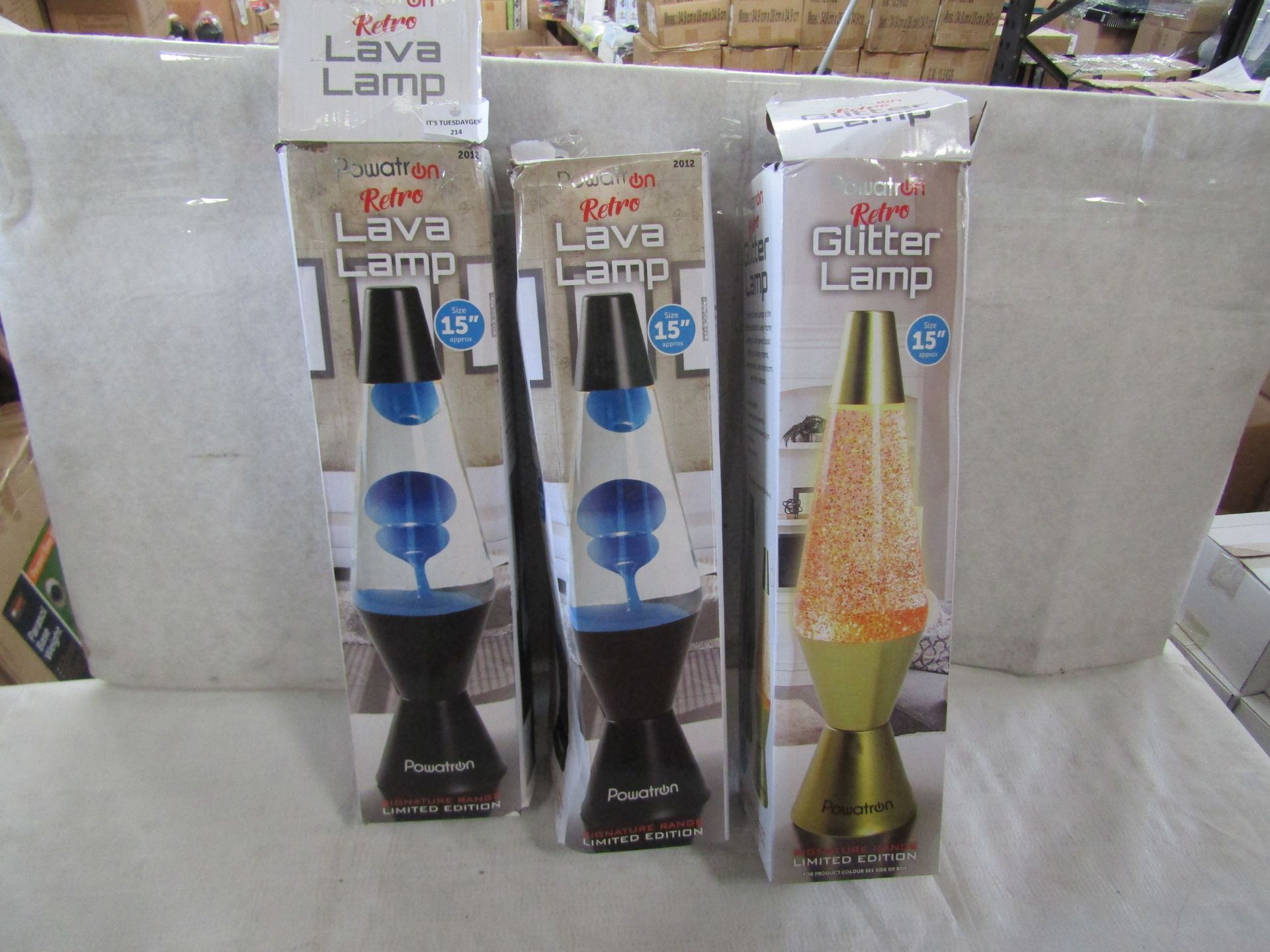 2X Powatron - Retro 15" Lava Lamp - Unchecked & Boxed. 1X Powatron - Retro 15" Glitter Lamp -