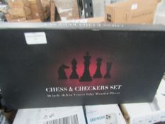 Chess & Checkers Set, 16" Veneer Inlay Wooden Pieces - Unchecked & Boxed.