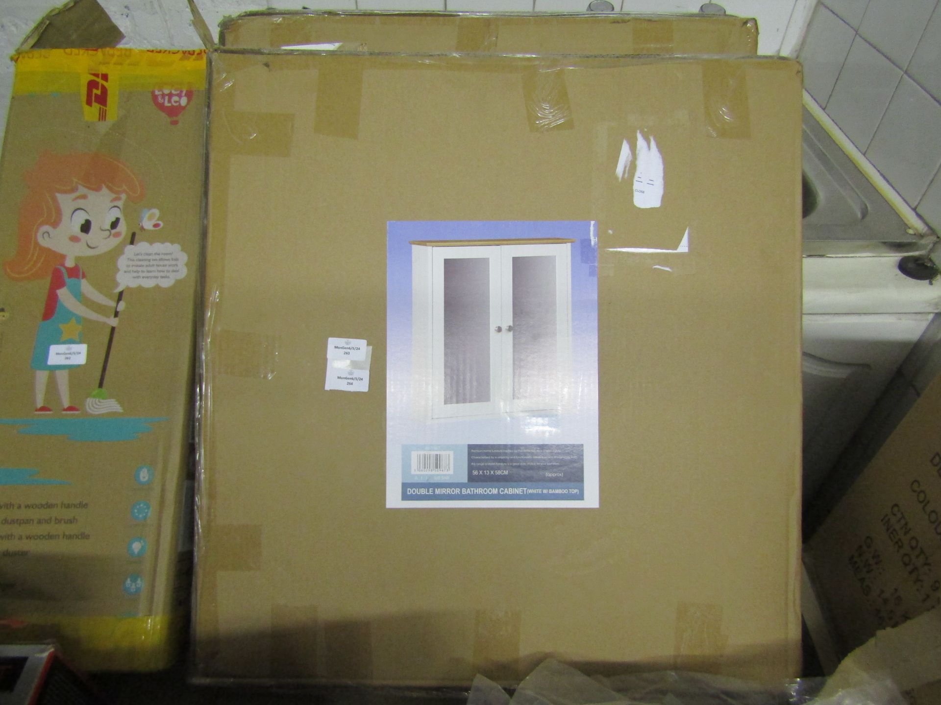 Double Mirror Bathroom Cabinet White With Bamboo Top, Size: 56x13x58cm - Unchecked & Boxed.
